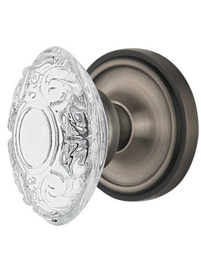 Classic Rosette Door Set with Victorian Crystal-Glass Knobs - 2 3/4 in Antique Pewter.